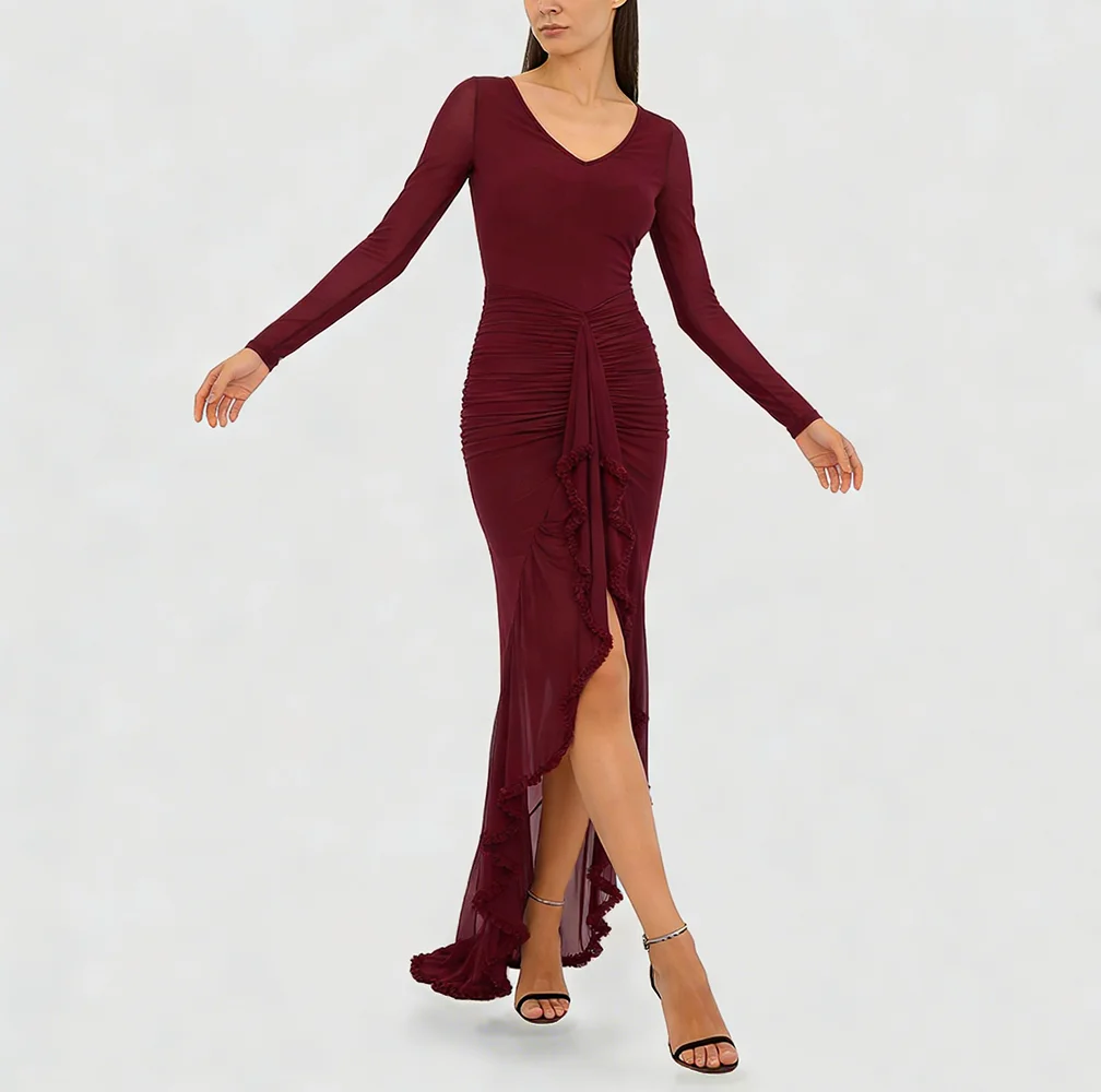 Robe longue élégante pour femme, col en V, transparente, à volants, manches longues, en dentelle plissée, couleur unie, sexy, pour soirée