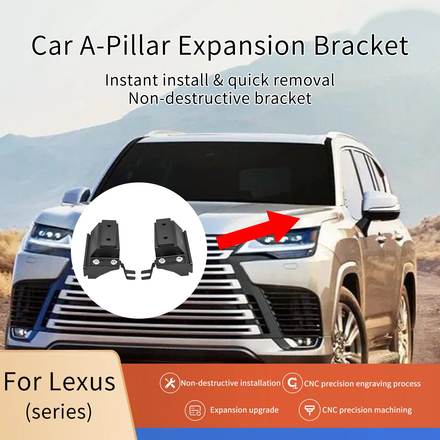 Quick-release A-pillar and hood expansion spotlight bracket for Lexus GX 470 (J120) (2002–2010 models) made of aluminum alloy