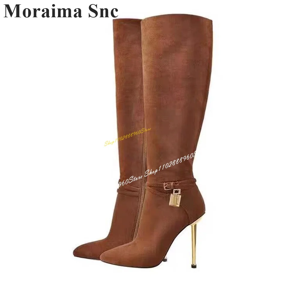 

Knee High Brown Flock Metal Key Lock Decor Boots Metal Heel Women Shoes Side Zipper Pointed Toe 2024 Fashion Zapatos Para Mujere