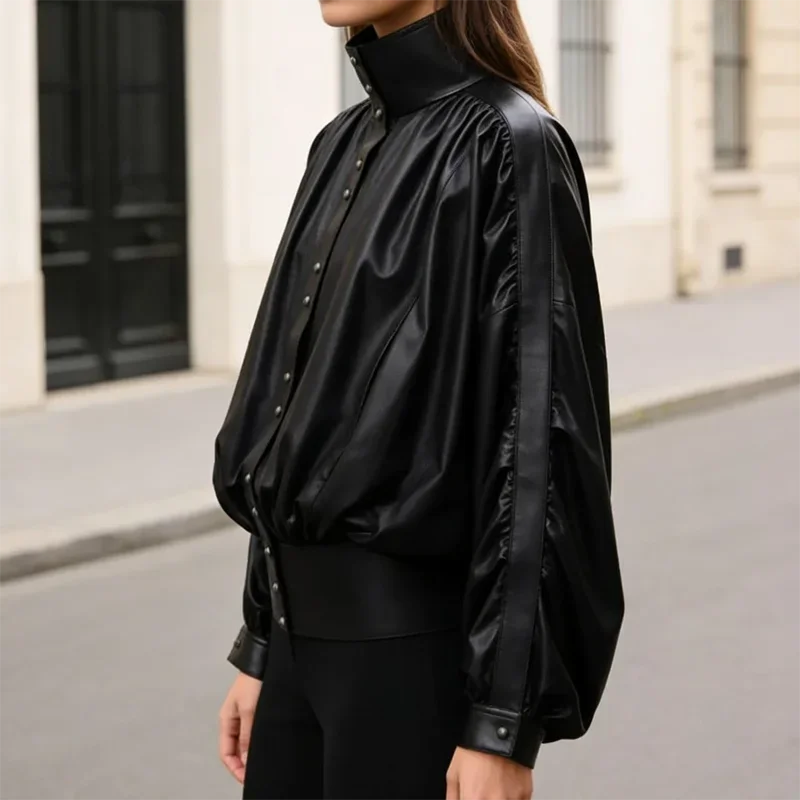 Spring Pleated Leather Shirt For Women  French Elegant Puff Shoulder Blouse Stand Collar Short Jacket Camisas de Mujer