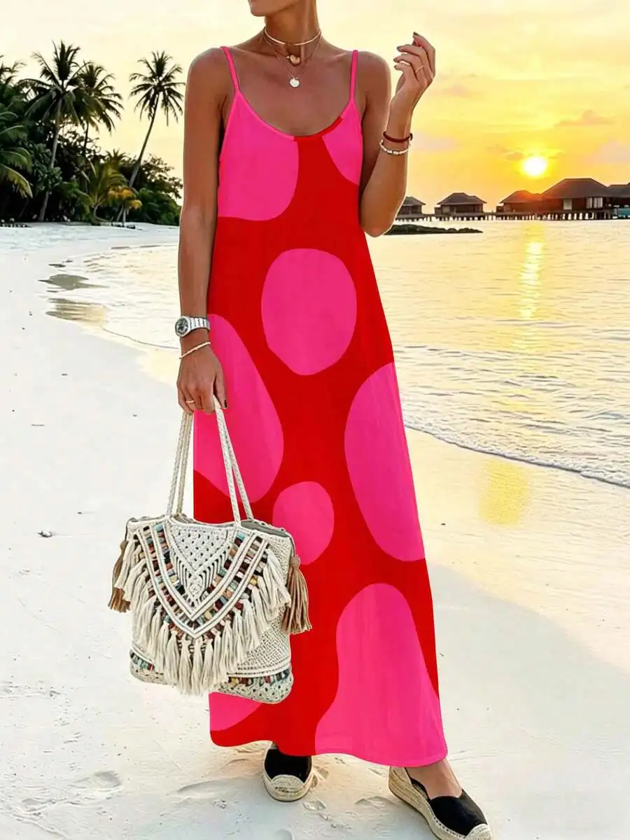 

Red And Pink Polka Dot Spaghetti Strap Maxi Dress Women Boho Beach Vacation Summer Casual Long Dress
