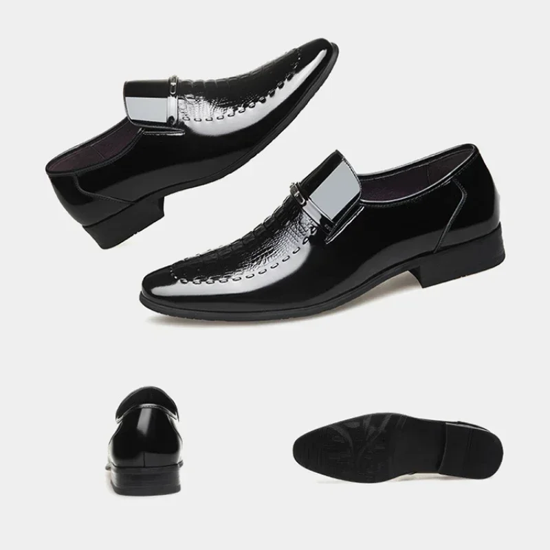 Nowe 2024 męskie skórzane buty biznesowe klasyczne buty biurowe dla mężczyzn wzór krokodyla męskie buty wizytowe oddychająca marka Casual — zdjęcie 4