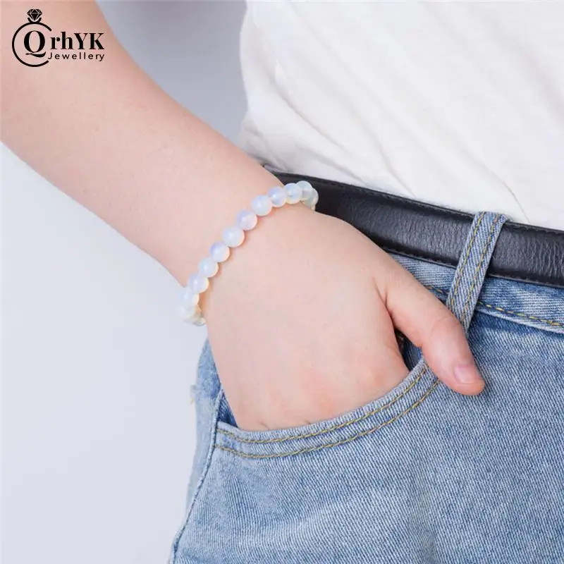 Dia 8mm Round Crystal Moonstone Natural Stone Stretched Beaded Bracelet for Women