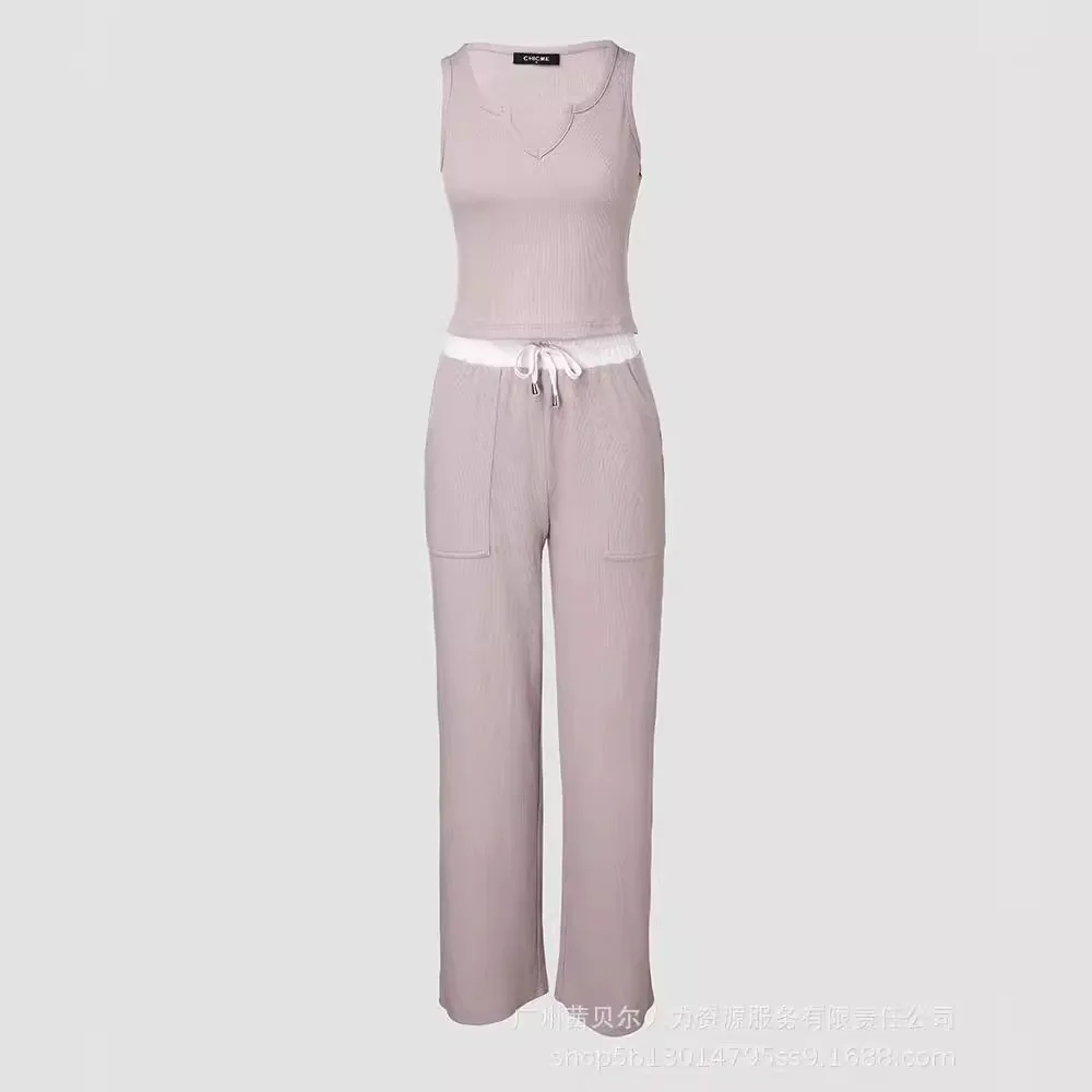 Two Piece Sets Pant Set Women Matching Sets V Neck Sleeveless Vest Tops Sexy Lace Up High Waist Casual Long Straight Pants