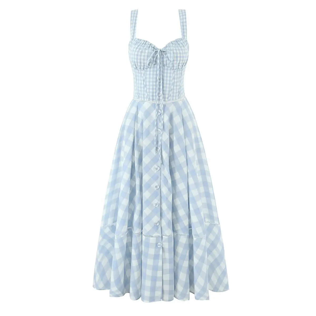 

French Sweet Blue Checkered Temperament Elegant Waist Cinching Design Women's Suspender Dress Long Dress