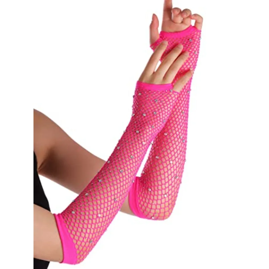 

OTPEH Women Fishnet Rhinestone Gloves Fingerless Fish Net Arm Sleeve Warmers 80s Emo Scene Accessories