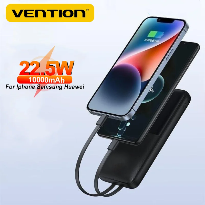 Vention 10000mAh Power Bank Portable Powerbanks Two-way Super Fast Charging External Battery Built-in Cables for iPhone Samsung