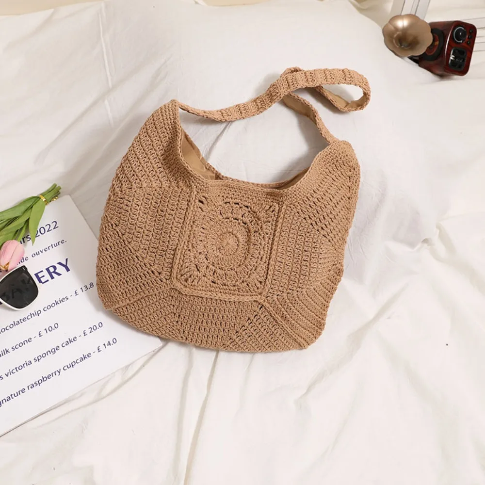 Premium Single Shoulder Large Capacity Cotton Thread Woven Hollow Flower Straw  Vacation Wind Beach Versatile Women's Bag view 4