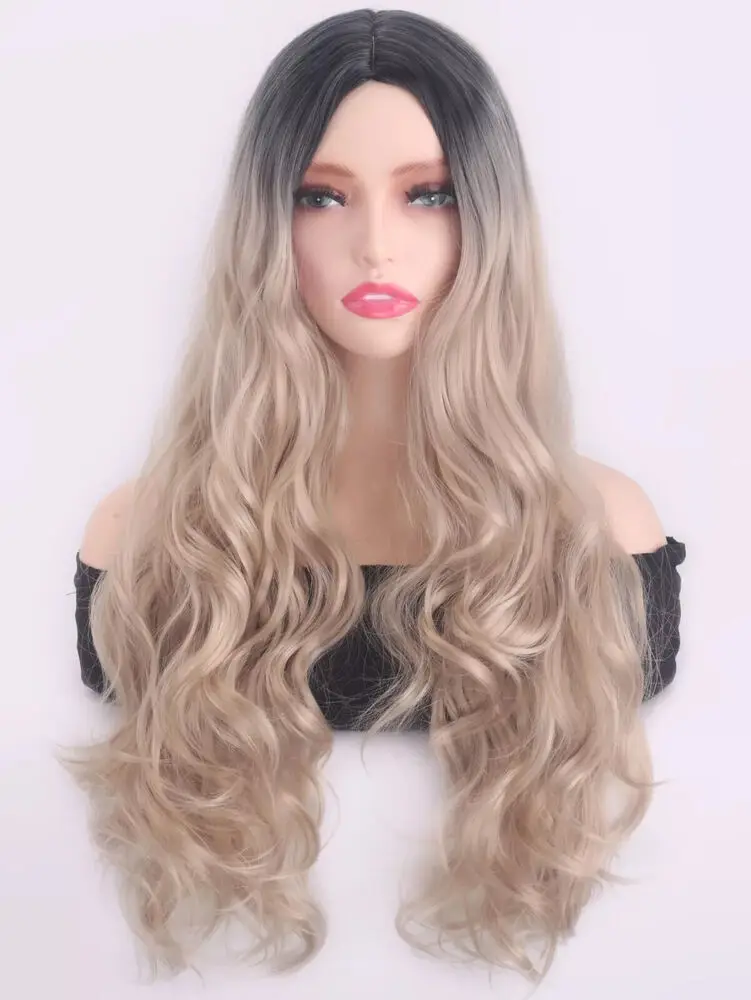 100% Human Hair  Women's Long Natural golden blond Wavy Full Wig