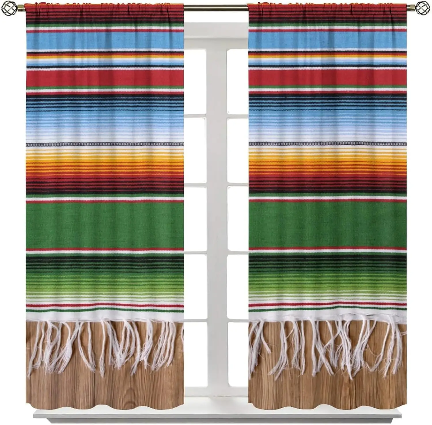 Western Serape Color Stripe Tassel Window Curtains 2 Panels Multi Band Light Blocking Drapes Retro Mexican Balcony Rest Decor