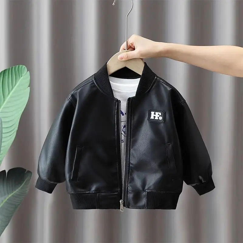 

2025 New Toddler Boys PU Leather Baseball Jacket with Cotton Padded Fleece Lining Casual Zipper Closure Stylish Baby Jacket