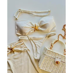 3 Piece Bikini Women Swimsuit 2024 Female Swimwear Sexy Bikini Set Swimming Suit Bathing Suit Biquini Skirt Shiny Cover Ups