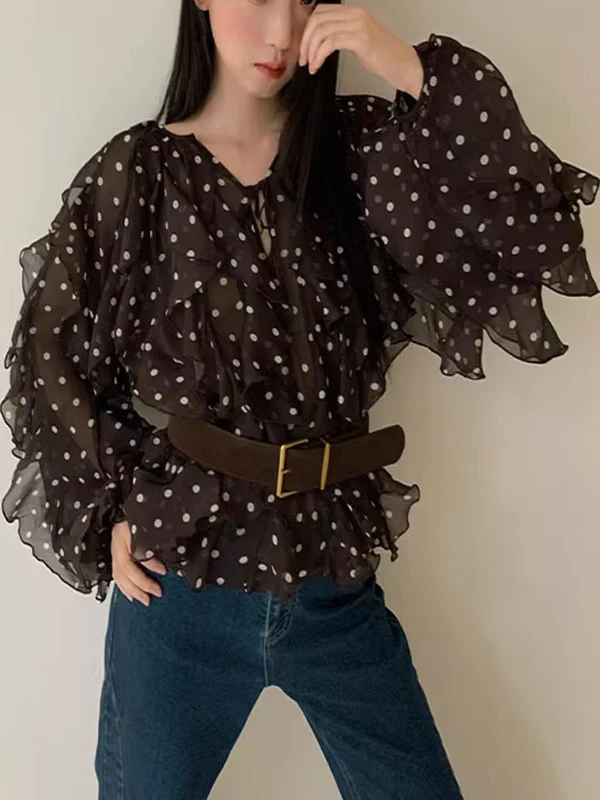 Elegant Spring 2026 Women's Long Sleeve Polka Dot Chiffon Shirt Loose Fit Gathered Hem Fashionable Lazy Style Commute Wind