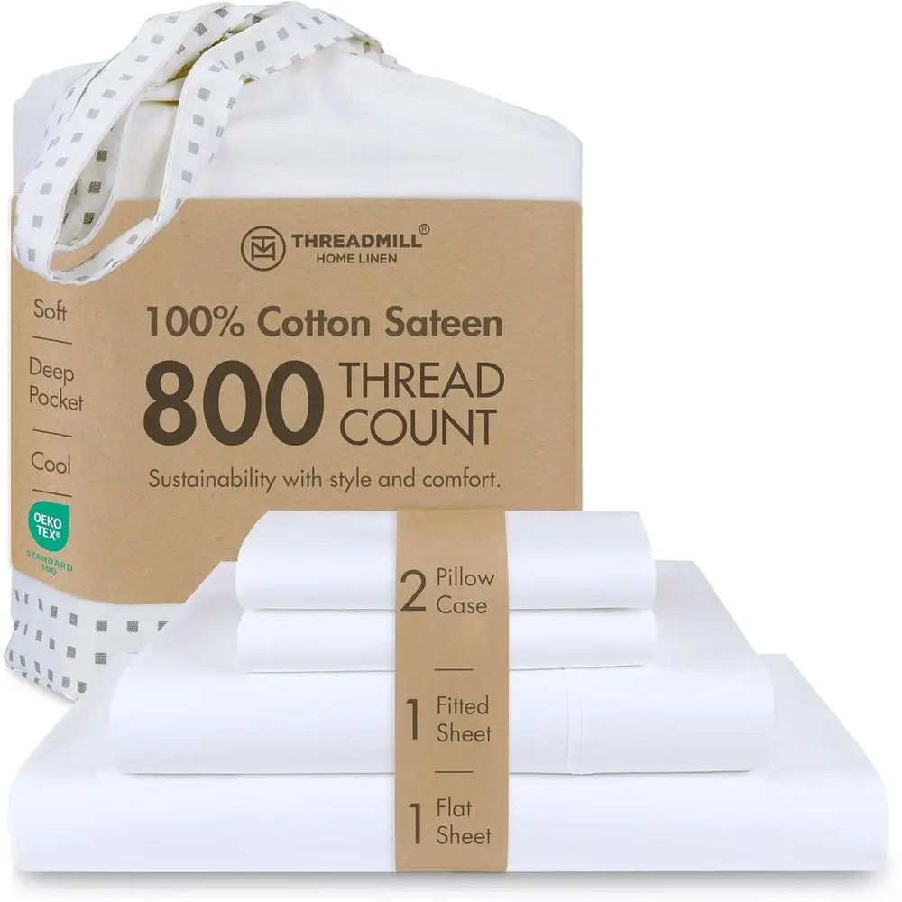 Premium 800 Thread King Cotton Sheets - 4pc Solid White Sateen Bedding Set, 16 Pocket