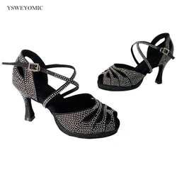 YSWEYOMICE Black Platform Shiny Dance Shoes With Rhinestones High Heels 9cm Indoor Latin Ballroom Dancing Shoes For Women