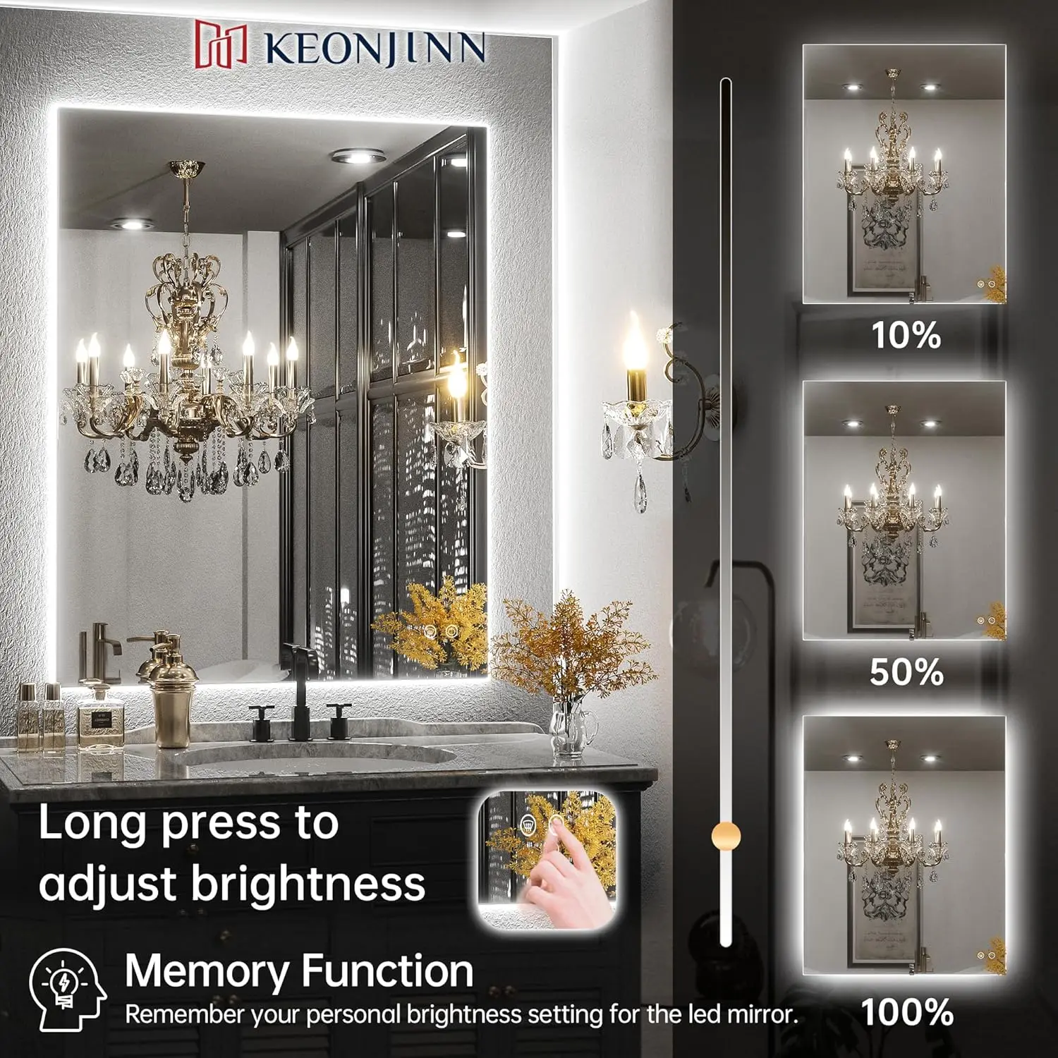 Keonjinn Backlit Mirror 30 x 36 Inch 3 Colors LED Bathroom Mirror with Lights, Stepless Dimmable Wall Mirror with UL Listed LED