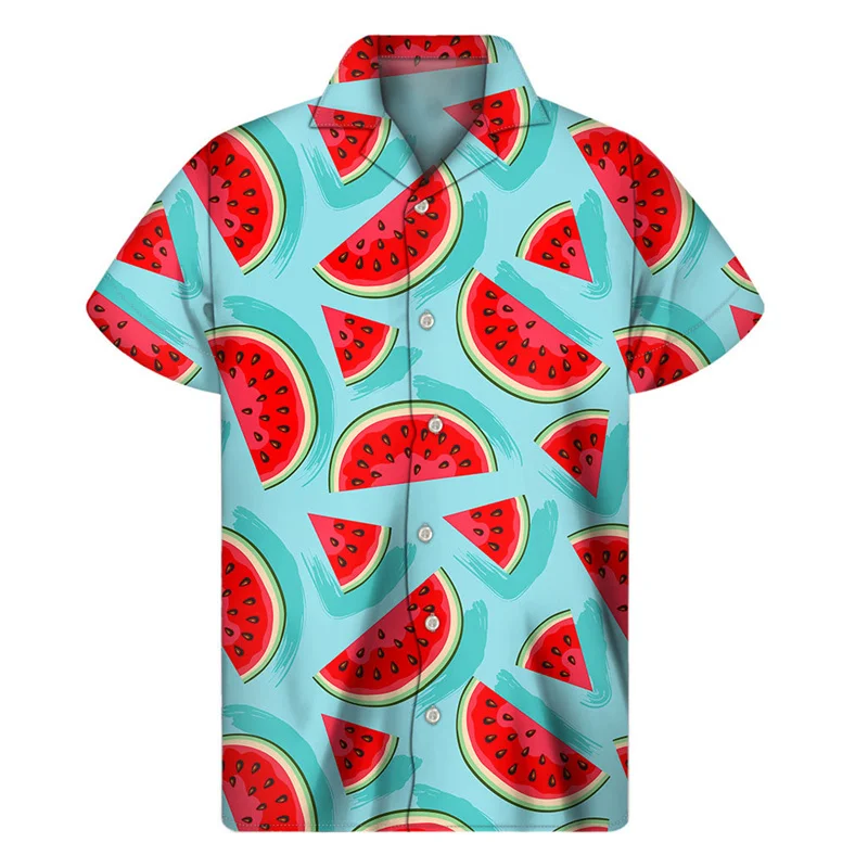 2024 Colorful Watermelon Graphic Hawaiian Shirt Summer Tops Short Sleeves 3d Printed Fruit Button Shirt Men Clothes Lapel Blouse