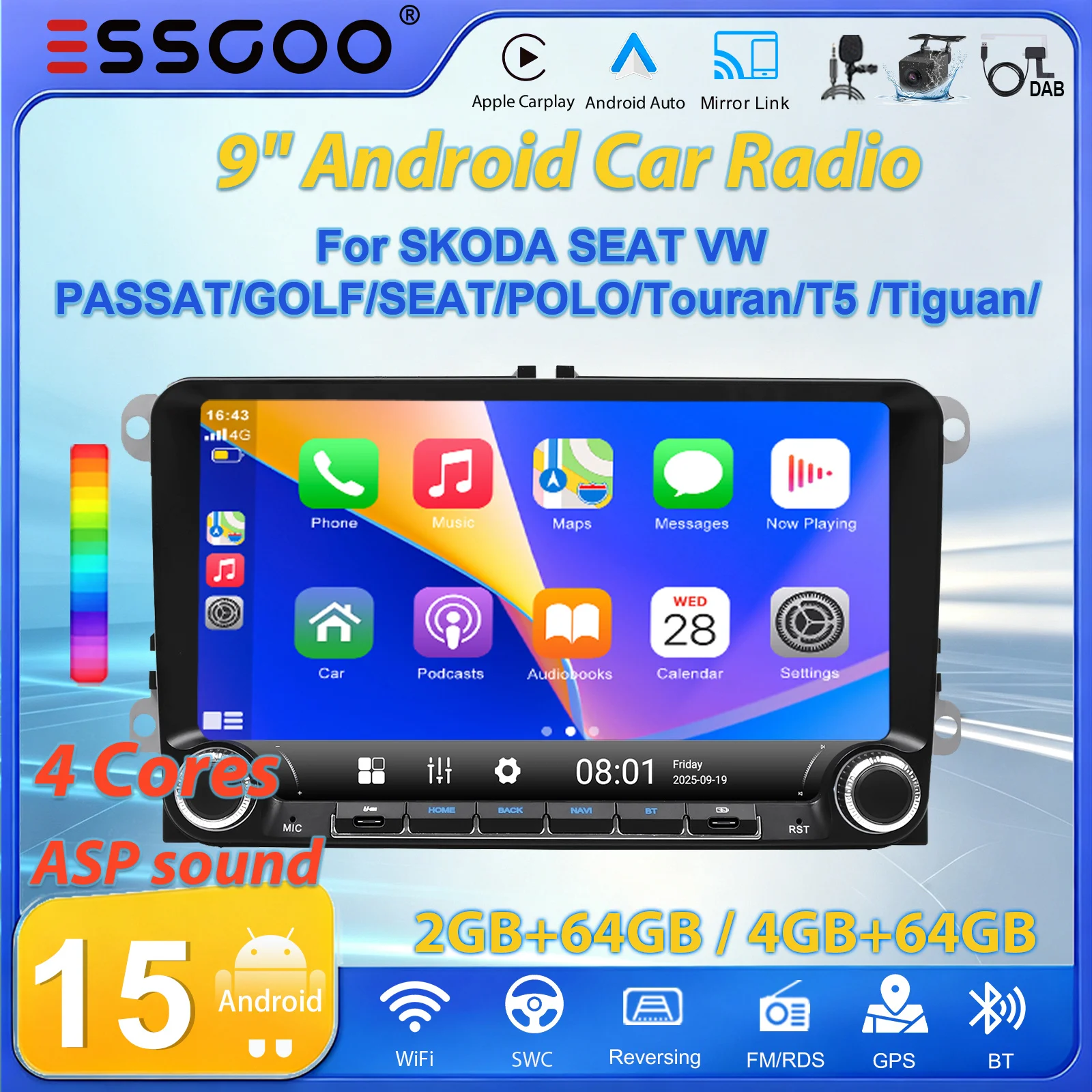 ESSGO Autoradio Android 15 2 DIN 9" 2+64G / 4+64G per Skoda Seat VW Passat B6 B7 Golf 5 6 Polo Tiguan T5 Touran Jetta 6R con Carplay Wireless, Android Auto, GPS, Navi, RDS, FM, Wifi, Bluetooth, Mirror