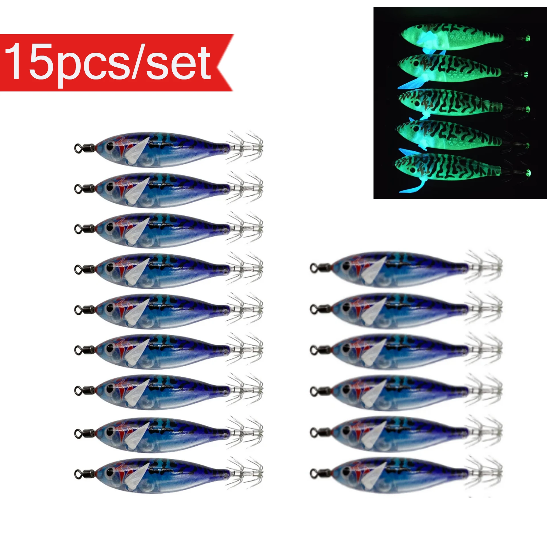15 Stück/Set 8cm Leuchtende Garnelen-Angelköder, Tintenfisch-Jig-Haken, Meeresfischerei-Zubehör, Künstlicher Köder, Oktopus-Köder