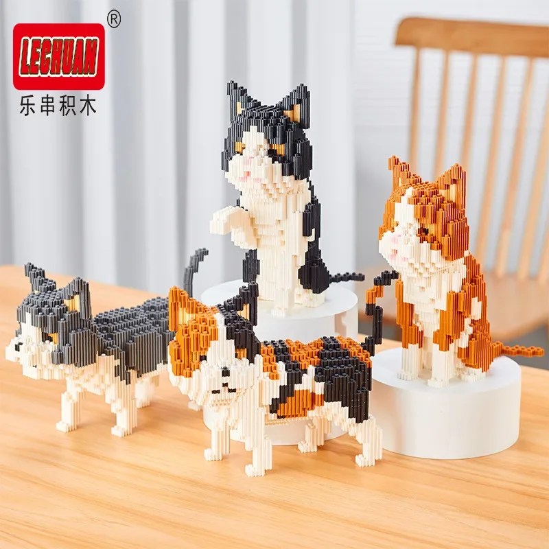 Linkgo Connection Building Blocks Rural Cat DIY 3D Model Animal Kitty Mini Bricks Funny 3D Pet Figure Toys For Kid Santa Gift