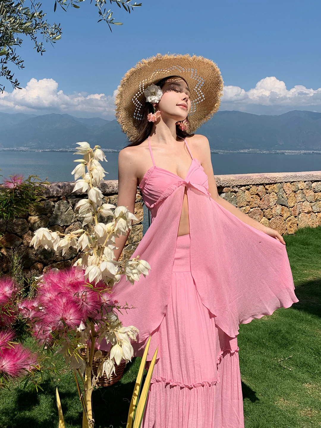 

Розовый комплект из топа и юбки с подвесным верхом и юбкой, женская пляжная юбка Vaion Sle f, комплект из двух предметов, дышащий полиэстер, хлопок