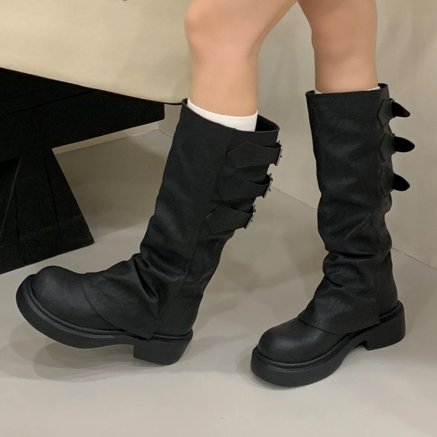 

Eilyken Vintage Design Narrow Band Buckle Strap Women Knee-High Boots Fashion Round Toe Square Low Heels Shoes