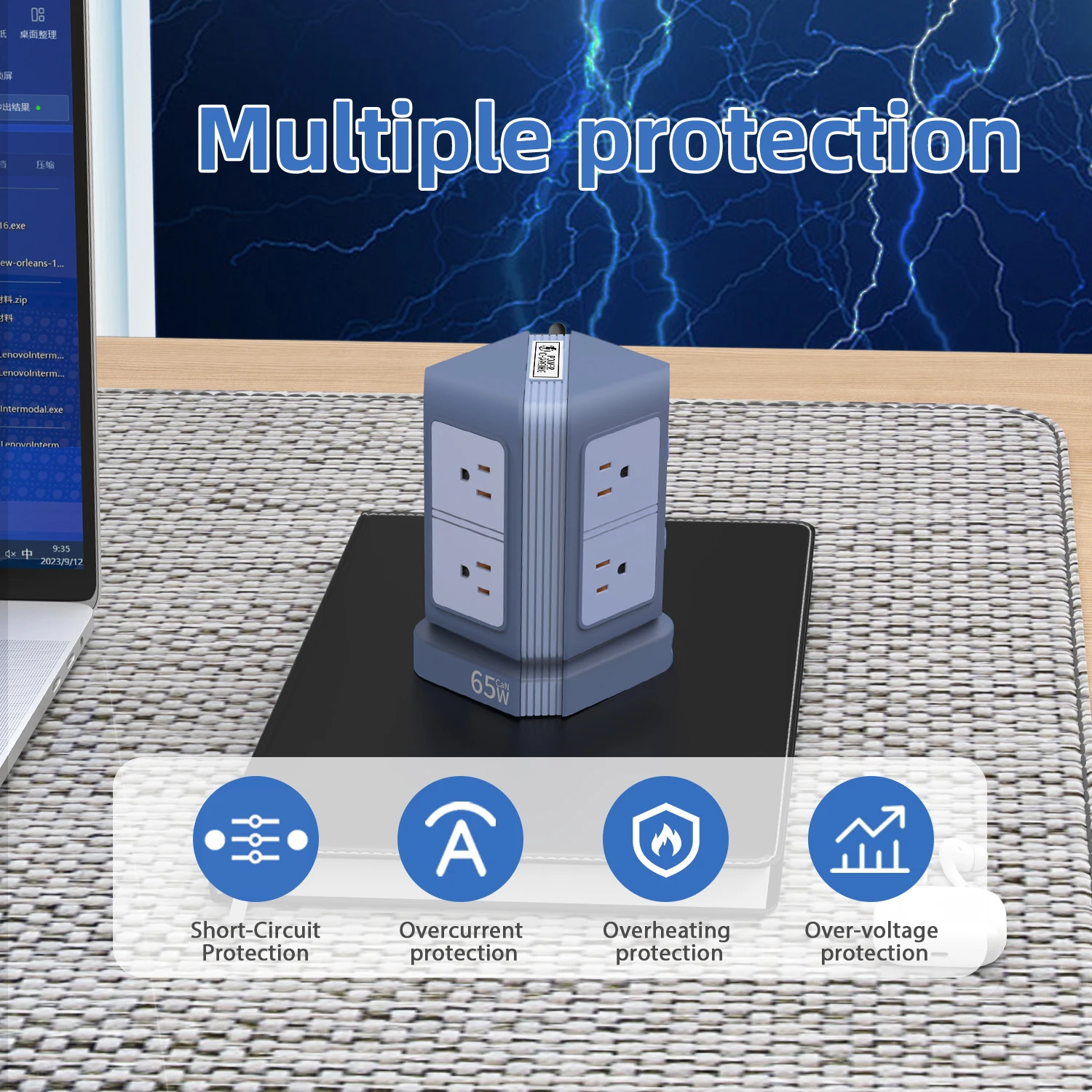 

65 Вт сетевой фильтр Tower с 4 USB-портами 12-сторонняя интеллектуальная электрическая зарядная станция США для дома, офиса
