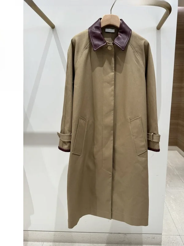 

Свободная ветровка средней длины с контрастным кожаным воротником в стиле пэчворк, цвет хаки, для дома и повседневной носки, осень-зима