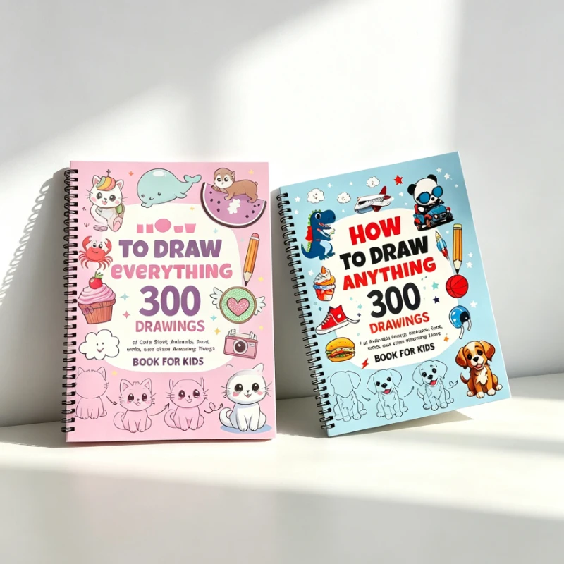 1/2Kids How To Draw Anything Book, 300 Step By Step Cute Drawing Tutorial, Spiral Sketch Activity Book for Children