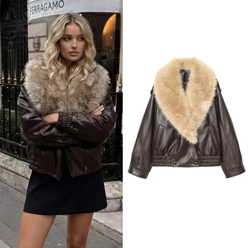 Women's Leather Bomber Jacket With Fur Scarf New 2026 Autumn Long Sleeve Double-Breasted Woman Winter Jackets Chic Female Coats
