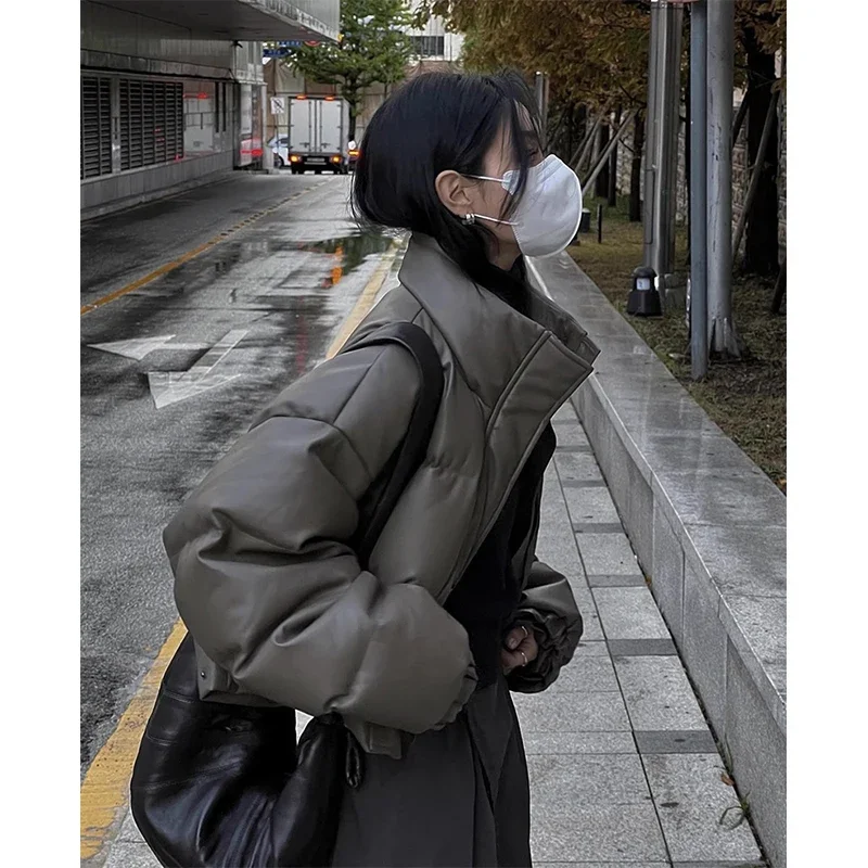 MEXZT Streetwear Short Parkas Women Cropped Pu Leather Cotton Padded Coat Winter Thick Puffer Jacket Korean Warm Down Outwear