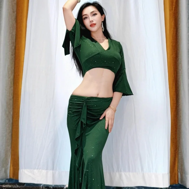 Customized Eastern Belly Dance Costumes Practice Clothes Silver Ice Silk Sprinkled Trumpet Sleeves Lace Wrapped Buttocks Skirt