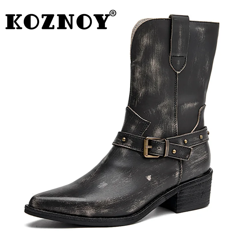 Koznoy 4.5cm Cow Natural Genuine Leather Ethnic Chunky Heels Women Ankle Booties Spring Lady Autumn Point Toe Fashion ZIP Shoes