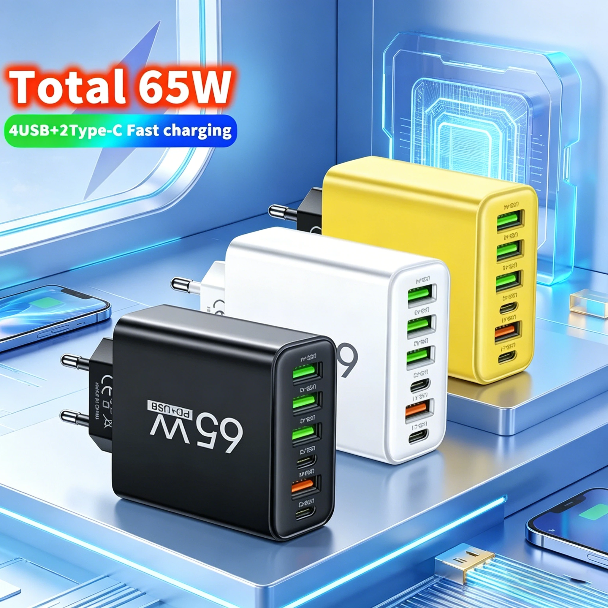 USB C Charger Total 65W Muti 6 Ports Fast Charging QC3.0 Type C Mobile Phone Wall Adapter for iPhone 15 Pro Max Xiaomi Samsung