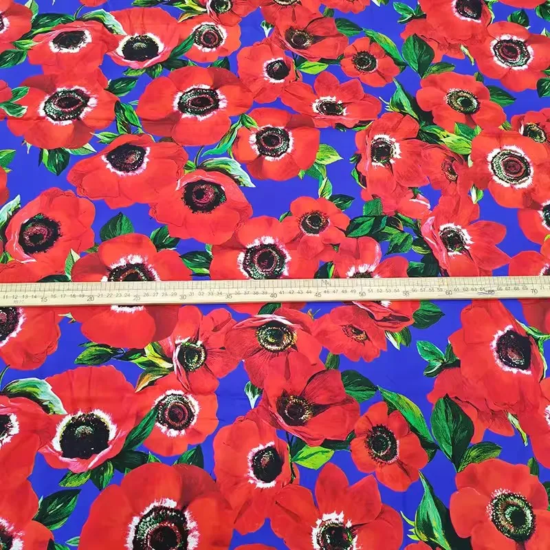 Europe and America Blue Base Red Flower Digital Print Poplin Cotton Fabric For Woman's Dress Blouse DIY Cloth Sewing Material