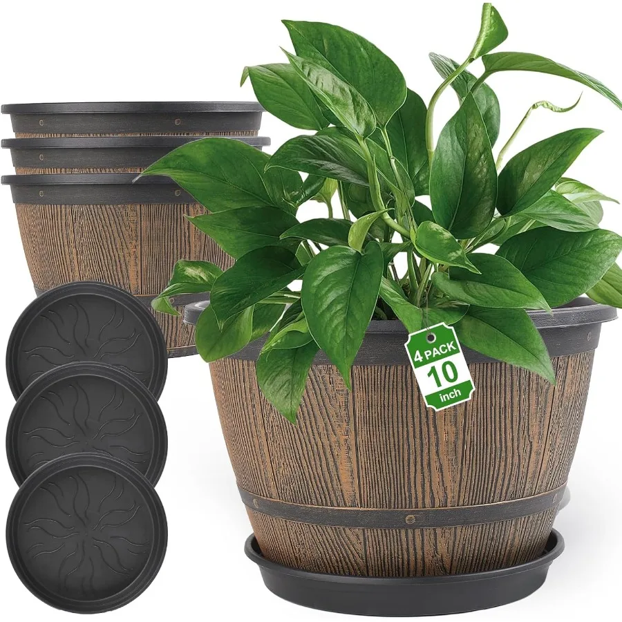 

10inchPlantPotsIndoorOutdoor 4 Pack Whiskey Barrel Planters with Drainage Holes Saucer Plastic Flower Pots Imitation Wine Barre