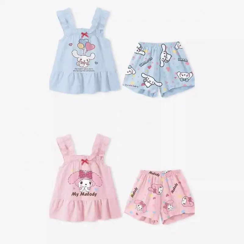 Kawaii Anime Cinnamoroll Meisjes Pyjama Set Kuromi My Melody Zomer Strik Mouwloze Huiskleding Cartoon Schattige Huiskleding Voor Kinderen