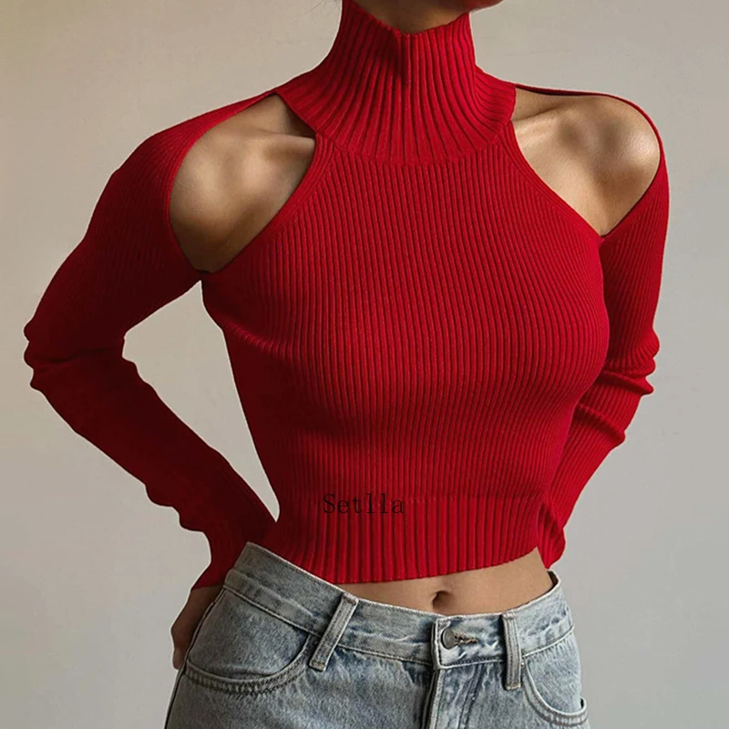 Fashion Ribbed Knit Cut Out Tops Elegant Long Sleeve Sexy Slim Turtleneck Autumn Tops Tees Pullovers Streetwear Women Clothing