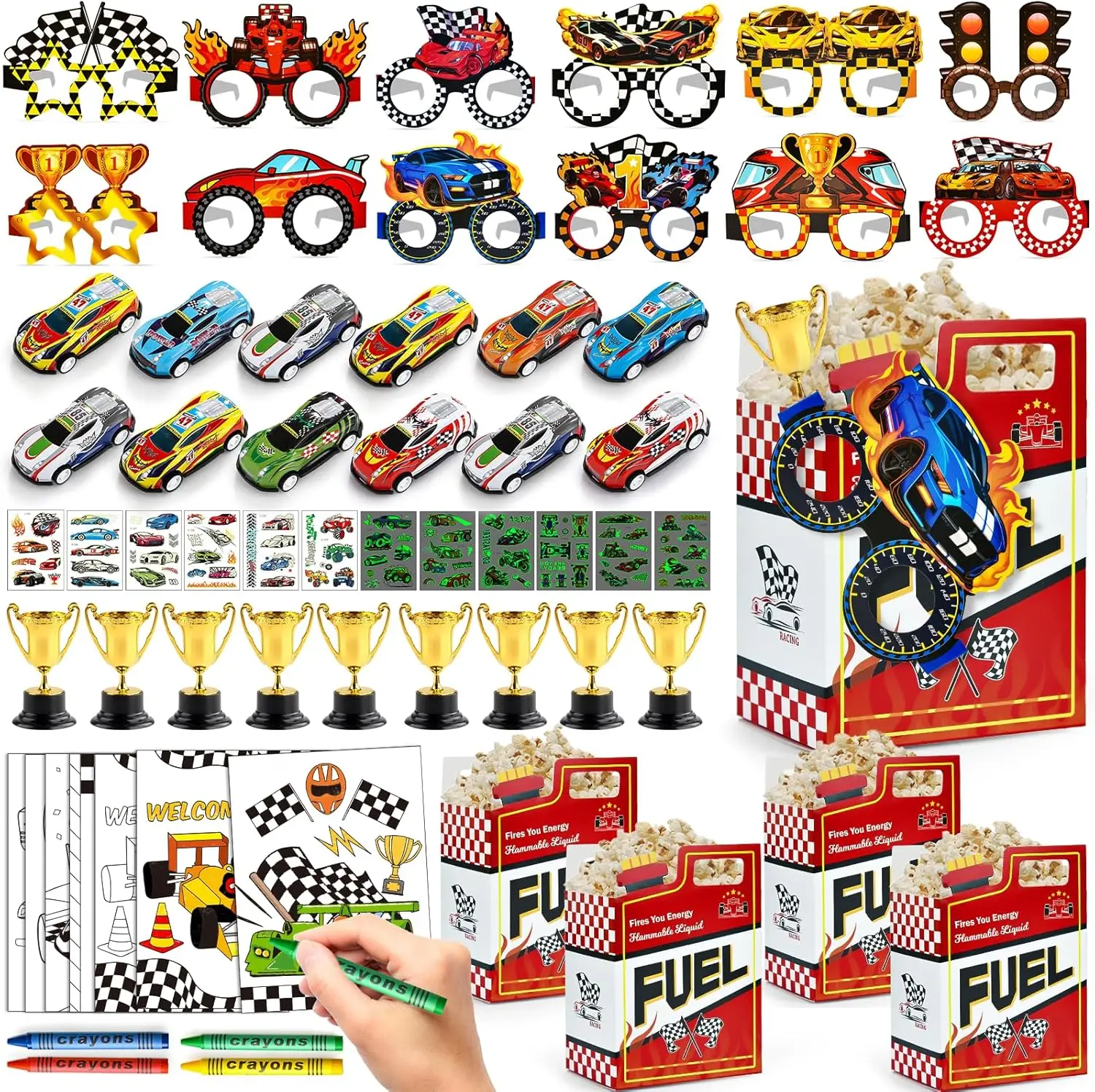 Race Car Party Favors: Mini Trophy, Coloring Cards, Crayons, Stickers & Glasses for Kids' Birthday Decor