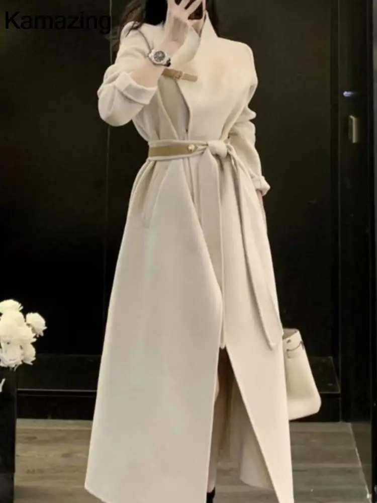 

Winter Elegant Woolen Coat with Belted for Women Fashion Solid Loose Outerwear Office Lady Vintage Jackets Mujers Clothes