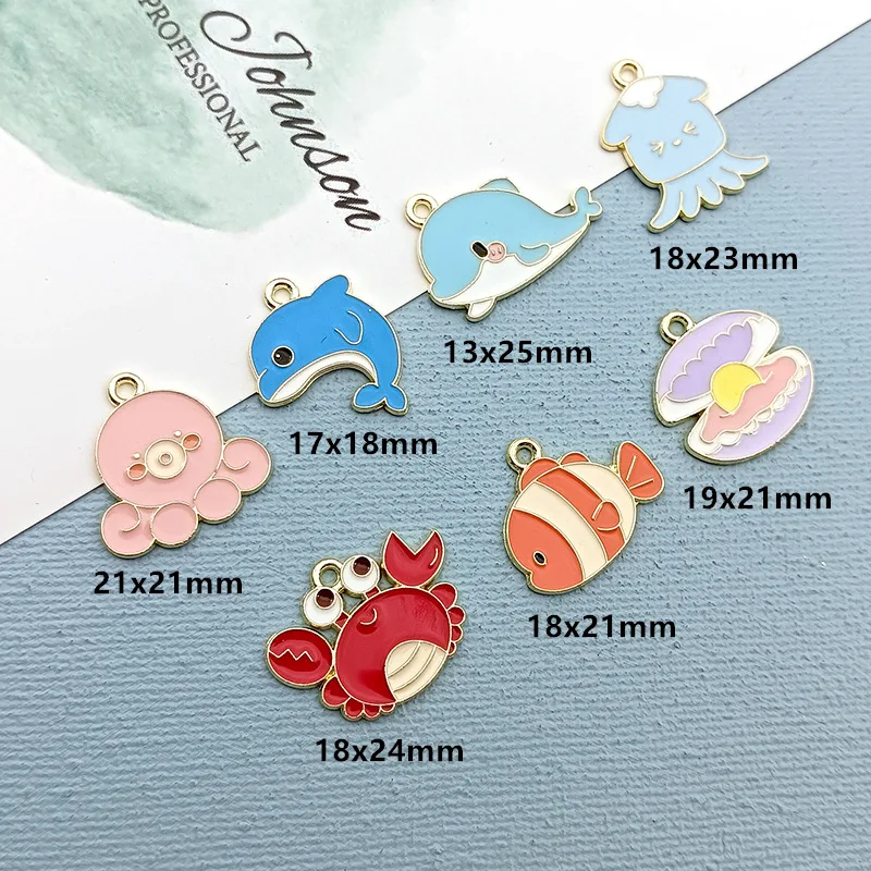 Zinc Alloy Enamel Dolphin Crab Octopus Charms, Pingente Organismo Marinho para Fazer Jóias, Acessórios Artesanais, Novo, 10Pcs