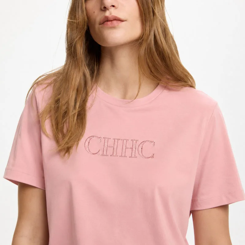 CH Damen-T-Shirt aus rosa Baumwolle mit gesticktem Schriftzug, kurzärmelig, lässiges Sommer-Basic-Top – Detail 5