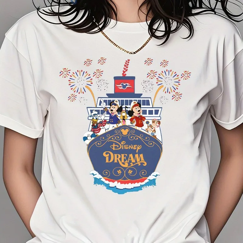 

Женская футболка с рисунком Микки Диснея Fantasy Cruise — белая повседневная футболка с коротким рукавом и круглым вырезом, фейерверк, звездное небо, дизайн
