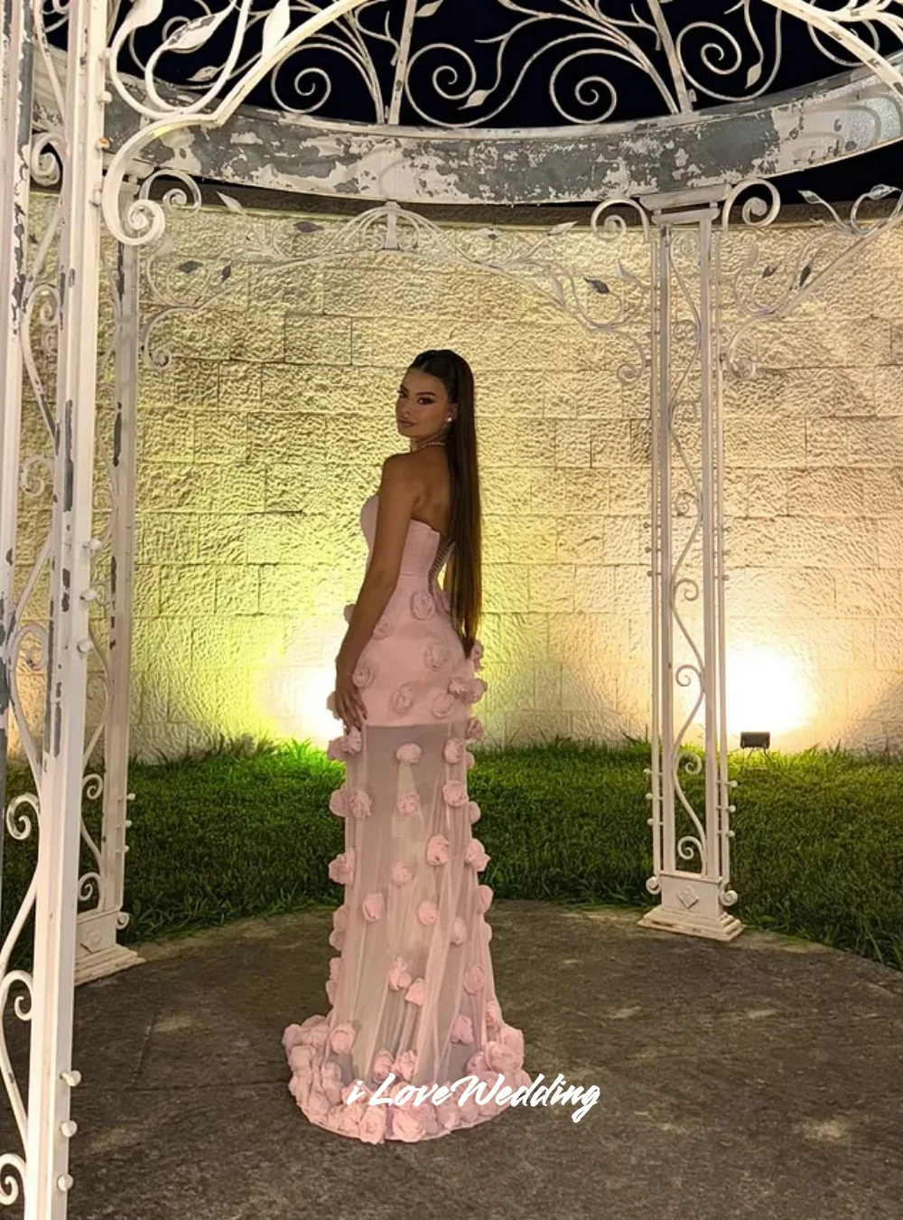 Pink Strapless Evening Dress 2025 Sweetheart Sleeveless Backless Lace-Up Mermaid 3D Flower Split Floor-Length Pleated Customized