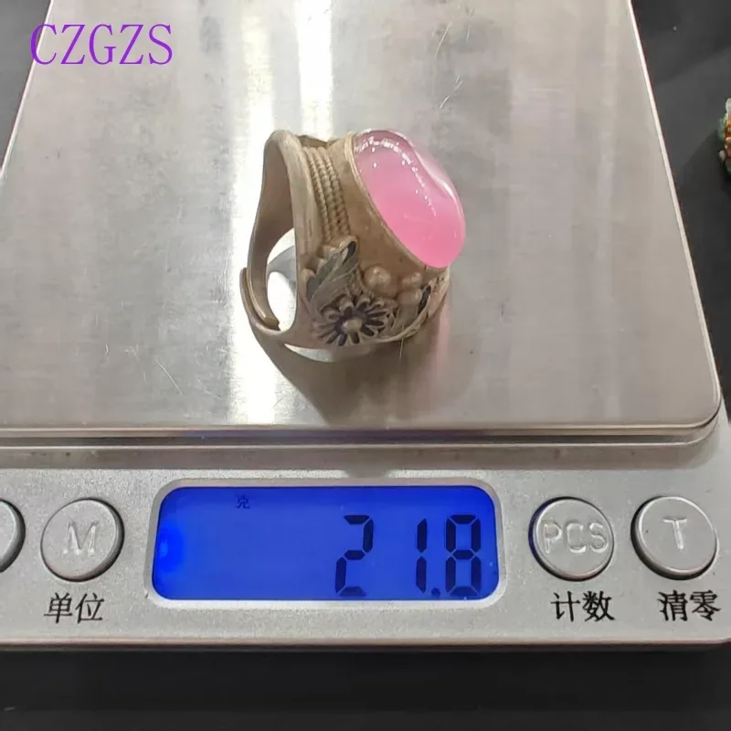 Orientalischer Vintage Unisex Offener Ring mit Blumen- und Blattmuster, Emaille-Metallband, Ovaler Imitations-Rosenquarz, Verstellbarer Ethnischer Fingerschmuck – Detail 6