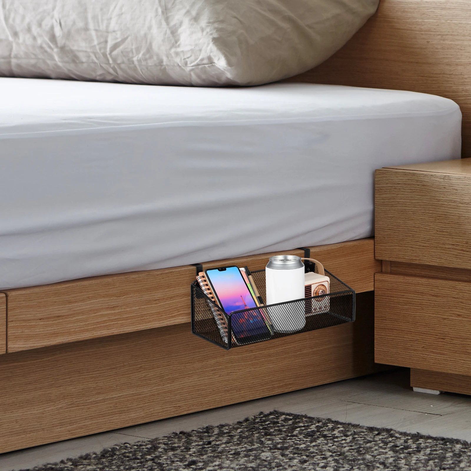 

Metal Bedside Hanging Storage Basket Heavy Duty Organizer For Dormitory Apartment Home Stronger Load-Bearing Thickened Bottom