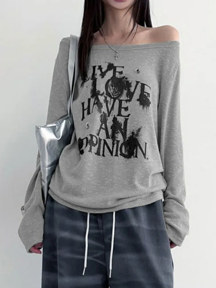 Y2k Aesthetic Skew Collar T-shirts Women Letter Print Harajuku Vintage Loose Streetwear Shirt  Fairy Grunge Thin Casual Tops