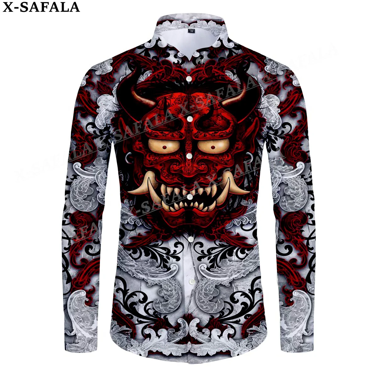 Samurai Oni Mask Tattoo 3D Print Men's Luxury Shirt Turn-down Collar Buttoned Up Long Sleeve Tops Hip Hop Streetwear Tees-3