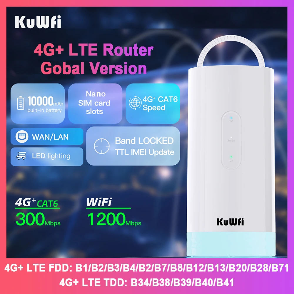 

KuWFi CAT6 4G+ LTE Маршрутизатор 1200 Мбит/с 2,4G/5,8G Однодиапазонный Wi-Fi 4G LTE-модем 10000 мАч Батарея Цветное светодиодное освещение Порт Type-C TS9