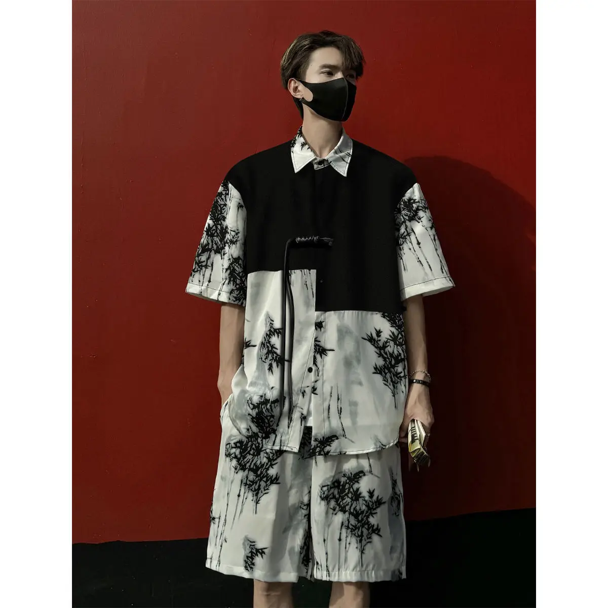 

Shirt Set For Men Summer Thin Loose Fit Large Size Casual Patchwork Design Short Sleeve Two-Piece Ribbon Patchwork